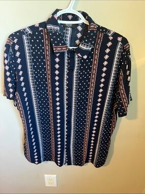Men’s Navy Striped Patterned Short-Sleeve Button-Up Shirt Coofandy Size Medium